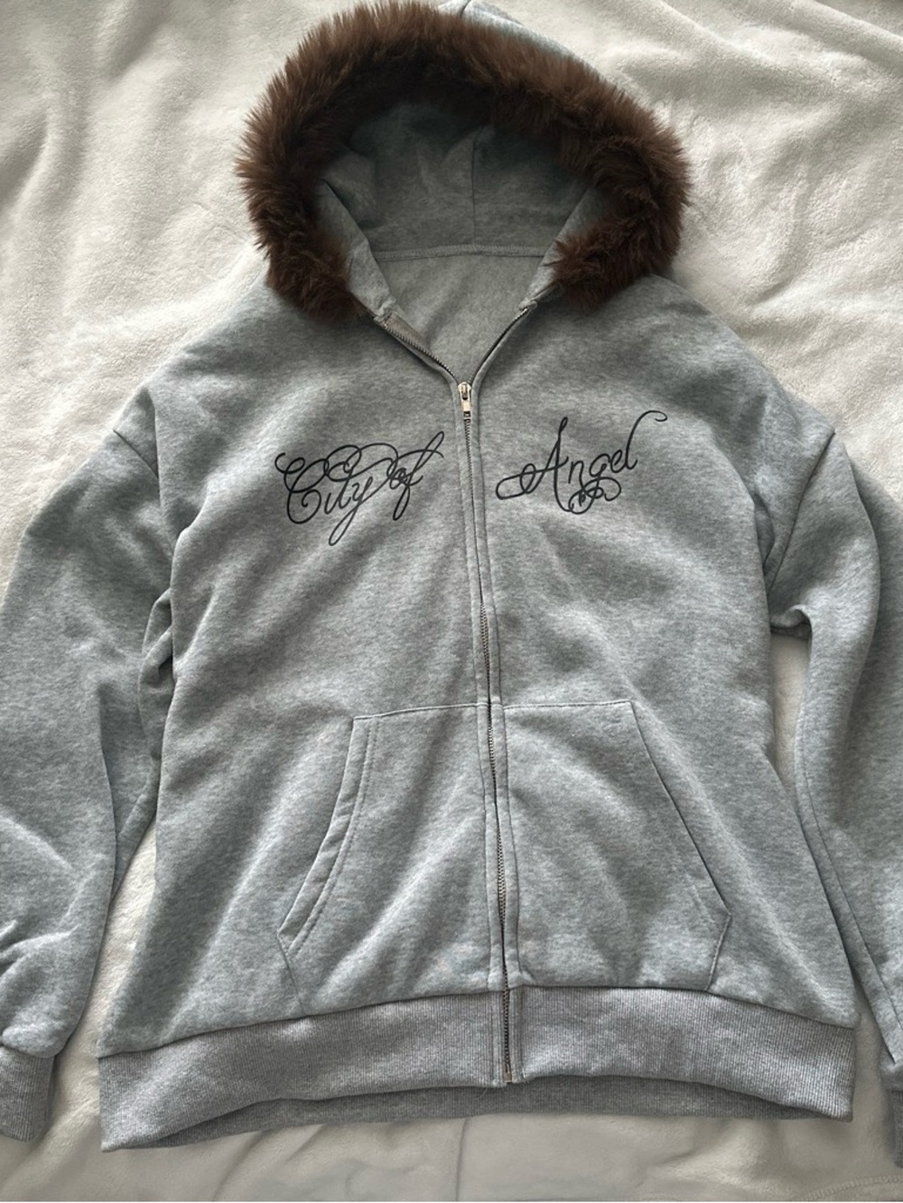 Grey Faux-Fur Trim Hooded Zip Jacket
